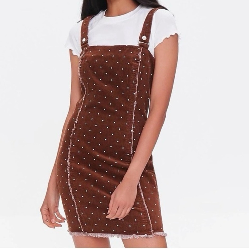 Forever 21 Chocolate Brown Overall Mini Dress Polka Dots Corduroy Y2K small